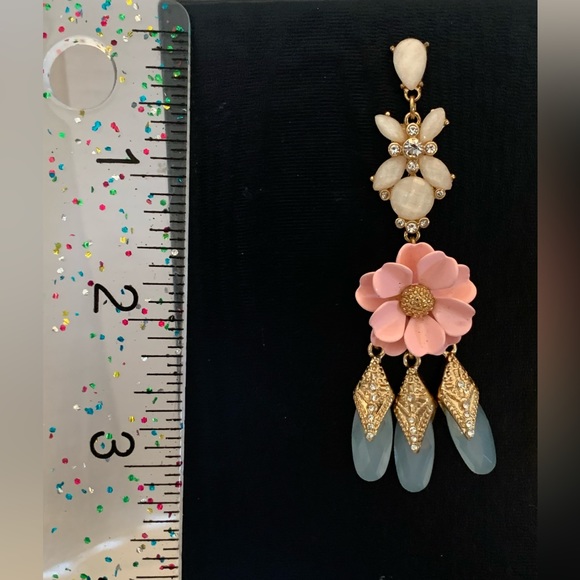 Pink Enamel Flower rhinestone Dangle Earrings chandelier 3” Tole Metal Flowers - Picture 3 of 10